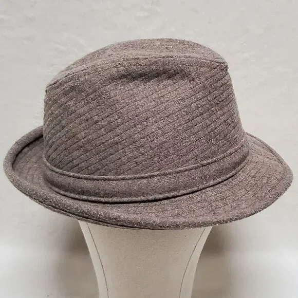 𝅺VINTAGE Totes Wool Felt Tan Gray Striped Lined Fedora Hat Extra Large